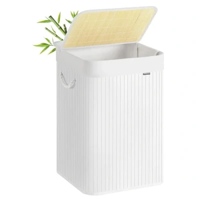 Imagen de SONGMICS Cesto Ropa Sucia, 95 L, Cesta Colada, con Tapa, Bambú, Asas, Plegable, Bolsa Interior Extraíble y Lavable a Máquina, para Lavandería, Dormitorio, Blanco LCB0060W01