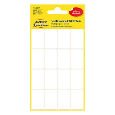Imagen de Avery 3074 Etiqueta autoadhesiva (Blanco, Rectángulo redondeado, 29 x 18 mm, Papel, 96 pieza(s), 16 pieza(s))