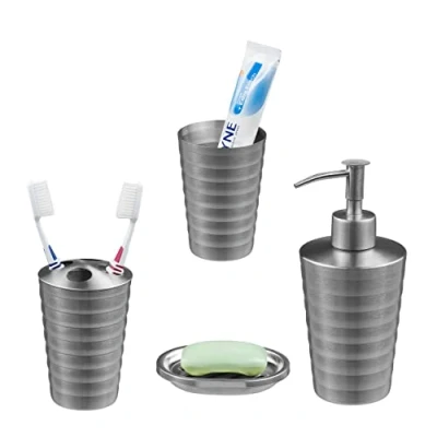 Imagen de Relaxdays Set de Baño Accesorios, 4 Piezas, Dispensador, Jabonera, Vaso, Soporte Cepillos, Acero Inoxidable, Plateado