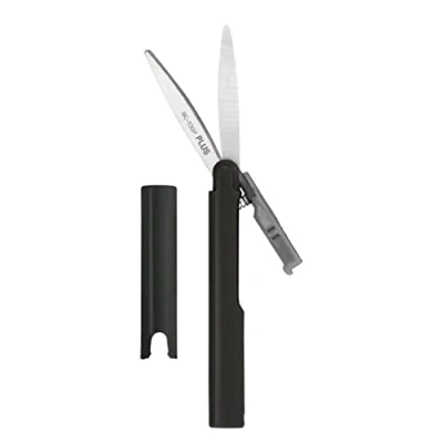 Imagen de tijeras de viaje con corte revestido, bolsillo antiadherentes, cierre seguridad tapa, forma bolígrafo, color negro