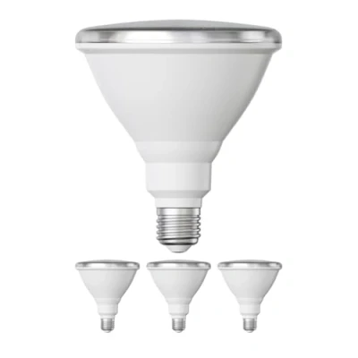 Imagen de ledscom.de 4 piezas bombilla LED E27, PAR38 cuello corto, blanco (4000 K), 14,9 W, 1395lm, 41, espejo reflector (plateado)