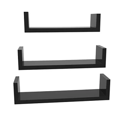Imagen de SONGMICS LWS40BK Juego de 3 estantes Pared Modernos, flotantes con Acabado Alto Brillo y Montaje Invisible, Color Negro