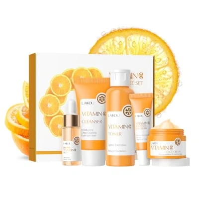 Imagen de LAIKOU Set Regalo Cuidado de la Piel Mujer, con Vitamina C, 5 Piezas Kit Skincare Facial Limpiador Tónico Suero Crema para Ojos Facial, Adolescentes y Mujeres