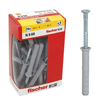 Imagen de Fischer 508276 Tacos alargados para batir N 8X60 Y, fijación de percusión con Clavo premontado Lleno, semilleno y hormigón, 20 Unidades por Paquete, Gris, MM