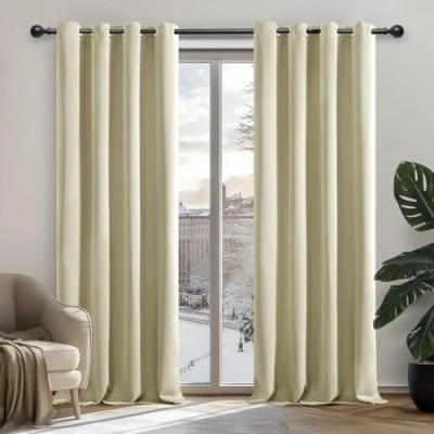 Imagen de Deconovo Cortinas Opacas con Aislamiento térmico y antifrío, para Sala de Estar, Dormitorio, diseño Moderno, Ojales, 107 x 242 cm (Ancho Alto), Beige Oscuro, 2 Unidades