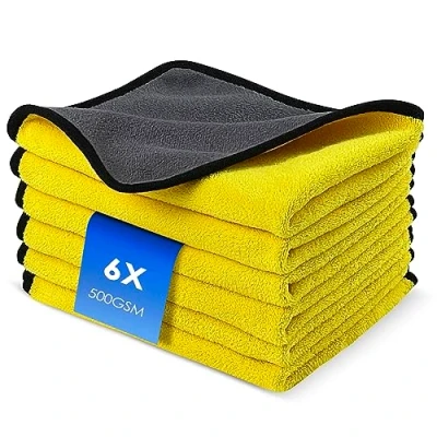 Imagen de Fousenuk Set de 6 Bayetas Microfibra Coche, Paños Suaves, Absorbentes y sin Pelusas, no Rayan la Pintura Secado Rápido para Coche Pulir, Cuidar, 40 x 30 cm Amarillo/Gris