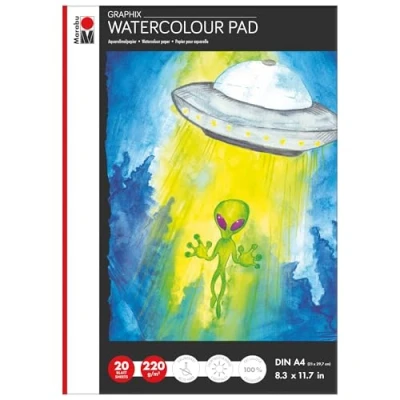 Imagen de Marabu Aqua Pad Graphix Bloc (DIN A4, 20 Hojas, 220 g/m2, Grano Fino, Mate, sin ácidos y Resistente al envejecimiento, para Todas Las técnicas de Acuarela), Color Blanco