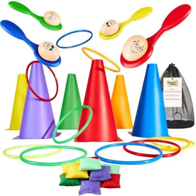 Imagen de Juegos Exterior Niños para Fiesta Cumpleaños Infantil y Sports Day con Accesorios, Cuerda, Conos, Sacos Carreras, Ring Toss Game, Infantiles Jardin Aire Libre (Pack 4 en 1)