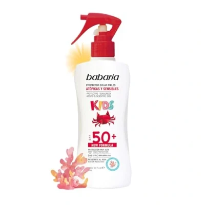 Imagen de Babaria Spray Protector Solar Infantil SPF50+ UVA UVB e Infrarrojos, Protección muy Alta, Especial para Pieles Sensibles y Atópicas, Resistente al Agua, Vegano, Unisex 200 ml
