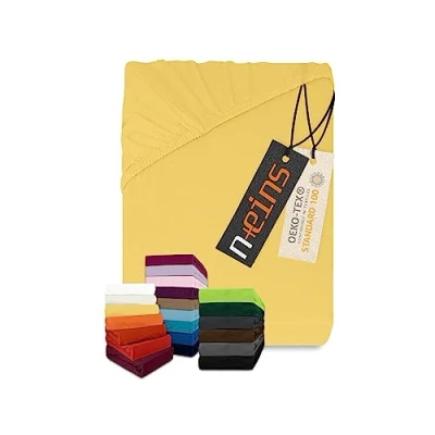 Imagen de npluseins Sábana bajera clásica de punto jersey, disponible en 34 colores modernos y 6 tamaños diferentes, 100% algodón, 90 100 x 200 cm, color amarillo