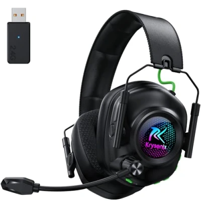 Imagen de Krysenix KGH2 Cascos Gaming Inalámbricos, 2.4 GHz Auriculares para PS4, PS5, PC, Mac, Switch, Bluetooth con Micrófono, Cancelación de Ruido, Luz LED y Duración 40Hr+, Negro