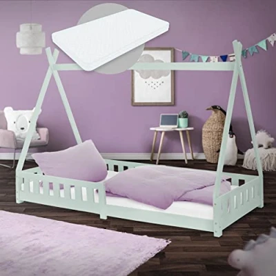 Imagen de ML Design Cama Infantil Tipi Verde Menta con Colchón De Espuma Fría 90x200 cm Protección Anticaída Somier Estructura Listones Madera Maciza Pino para Niñas Y Niños Forma Tienda Cuna Juvenil