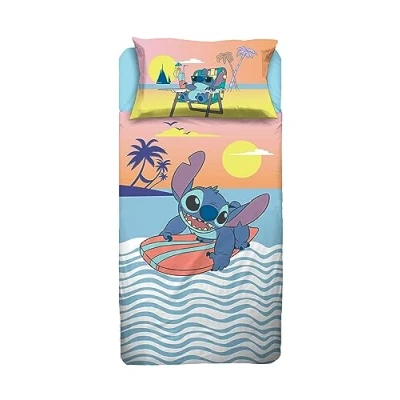 Imagen de Stitch Juego de sábanas para Cama Individual Disney, sábana encimera, Bajera Ajustable, Funda Almohada, Azul, 100% algodón, Producto Oficial