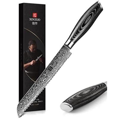 Imagen de XINZUO Acero Damasco Cuchillo de Pan 20cm, Repostería Profesional para Tartas Alto Carbón Cuchillos Cocina con Mango Madera Pakka Ya Serie