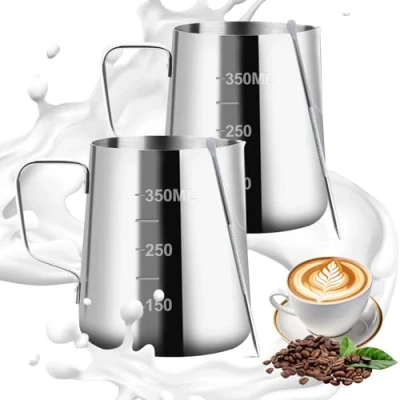 Imagen de VFANDV Jarra Leche Barista 304 Acero Inoxidable, 2 Piezas de Espuma Leche, con Medición, Taza Café para Espumar Marca Capuchino, Espresso 350ML