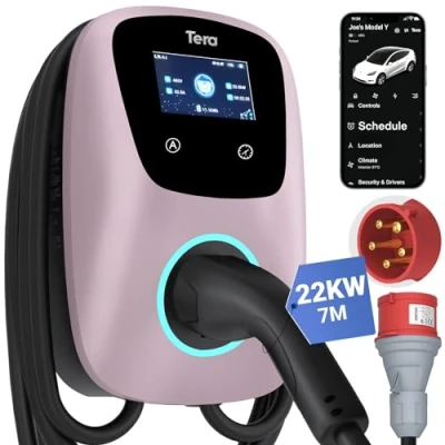Imagen de Tera Cargador EV Smart APP: 32 A tipo 2, 22 kW o 11 kW, estación de carga doméstica, 400 V, CE y TÜV, 7 m, cable con soporte carga, control aplicación, enchufe 3 fases CEE polvo mate
