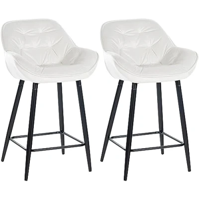Imagen de CLP Set De 2 Taburetes Bar Gibson 76 En Terciopelo I Sillas Altas Cocina con Reposapiés &amp; Base Metálica, Color:Blanco Crema