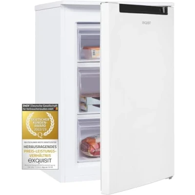 Imagen de Exquisit® Congelador Vertical, 87L, Clase D, Color Blanco, Tecnología No Frost, Luz LED, Diseño Compacto, Control de Temperatura, Consumo 132 kWh/año, Medidas 85,5x54,5x58 Cm.
