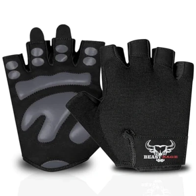 Imagen de BEAST RAGE Guantes de Gimnasio Entrenamiento Antideslizante Acolchado Palma Medio Dedo Ejercicio Levantamiento Pesas Guante Ciclismo Multideporte Powerlifting Hombre Mujer (M, Negro)