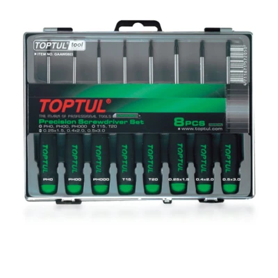 Imagen de TOPTUL GAAW0803 Kit de atornilladores 1,5, 2, 3, PH0, PH00, PH000, T15, T20 Caja plástico