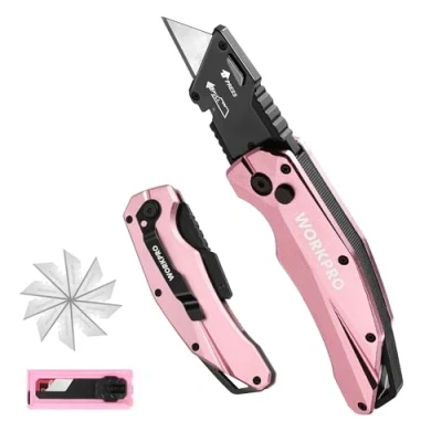 Imagen de WORKPRO Cúter Plegable, Cortador de SK5, Cuchillo Utilitario con 10 Cuchillas Adicionales, Cutter Cambio Rápido y Clip para Cinturón, Rosa