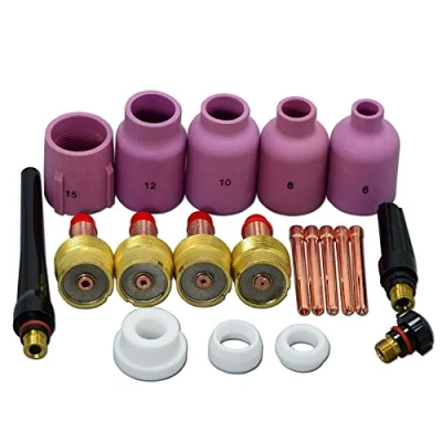 Imagen de RIVERWELD 20 piezas TIG lente de gas 10N21 45V204 45V116 45V64 995795 Kit boquilla alúmina 57N75 No.6 57N74 No.8 53N88 No.10 53N87 No.12 53N89 No.15 Fit QQ300 PTA DB SR WP 17 18 26