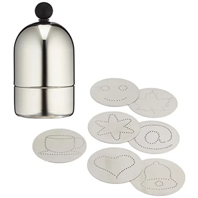 Imagen de Paderno Dosificador 7 Discos de Siluetas para Diseñar Motivos Leche, Capuchino y Otras Creaciones Café con Polvo Cacao, Acero Inoxidable, INOX, Plateado Negro, 250 ml
