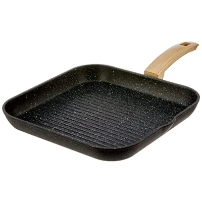 Imagen de ALLUFLON Wood Etnea Edición Sartén Plancha de Aluminio con Revestimiento Antiadherente y Antirayaduras, Mango Efecto Madera, Apta para el Lavavajillas, Medidas 28x28 cm, Negro, 28 cm