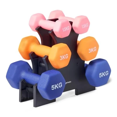 Imagen de Amazon Basics Juego de mancuernas neopreno con soporte, Paquete 3 (1.5 kg, 5 kg), Multicolor