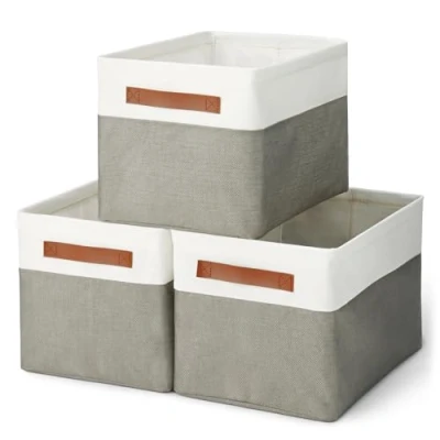 Imagen de Amazon Basics Cajas de almacenamiento plegables con asas cuero, color carbón, grande, paquete 3