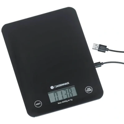 Imagen de Zassenhaus Balanza de cocina digital Balance con función carga USB, 5 kg/1 g, pesaje, ultraplana, panel táctil sensor