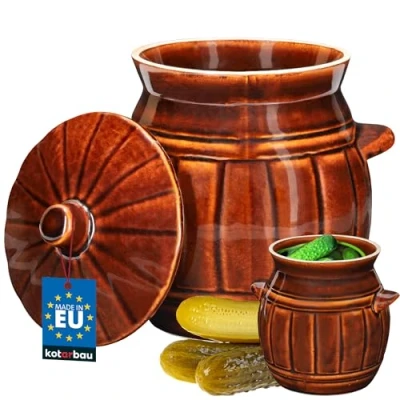 Imagen de KOTARBAU® Recipiente de fermentación gres con tapa, 3,7 L, Marrón, Bote barro, Olla cerámica asas, Tarro para fermentar chucrut, kimchee, conservar alimentos