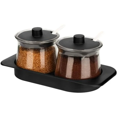 Imagen de BELLE VOUS (2 Piezas Set Especieros para Cocina con Bandeja Botes Especias Transparentes Tapas y Cucharas Organizador de Cocina, Sal, Azúcar
