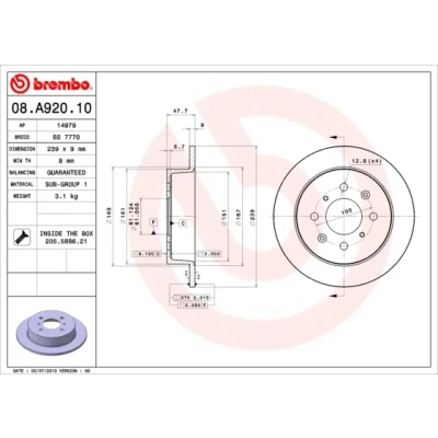 Imagen de BREMBO 08.A920.10 Disco de freno 239 9 4 macizo con tornillos HONDA: CIVIC V Hatchback, CRX 3, 6 Hatchback