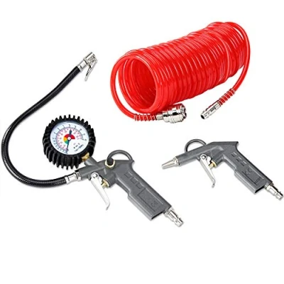 Imagen de Deuba Set de 3 Piezas para Compresores Estandar Manguera 5m Pistola soplado Inflador con Manómetro 12Bar Accesorios