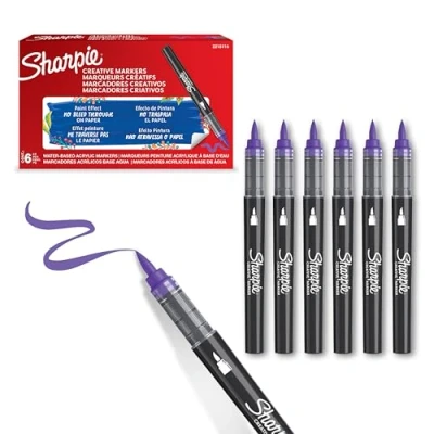 Imagen de SHARPIE Rotuladores acrílicos creativos al agua con punta de pincel Tinta sin borrones Escribe en la mayoría superficies Material escolar Lila 6 Piezas