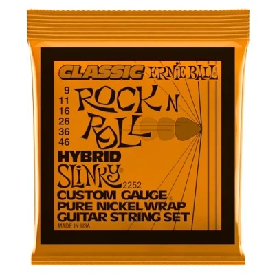 Imagen de Ernie Ball Hybrid Slinky Classic Rock n Roll Cuerdas para guitarra eléctrica, envoltura de níquel puro, calibre 9 46