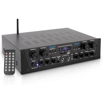 Imagen de Pyle Amplificador de Sonido, Inalambrico, Bluetooth, Estereo, 4 Canales, Entrada microfono, AUX, Salida del Altavoz subwoofer RCA, USB, Potencia Maxima 500W a 8 ohmios