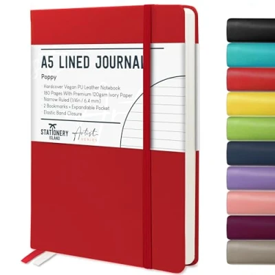 Imagen de Stationery Island Cuaderno Rayado A5, Tapa Dura con Forro de Libreta Papel Grueso Premium 120 g/m², 180 Páginas Rayas Para Escribir, Estudiar, Planificar, Rojo