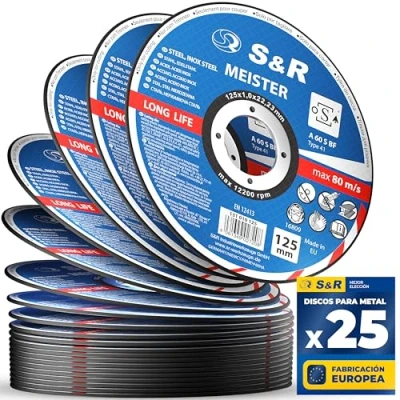 Imagen de S&amp;R Disco Corte Metal 125 x1 mm Radial de Hierro Acero INOX. Juego 25 Discos para Amoladora ángular. Made in EUROPA
