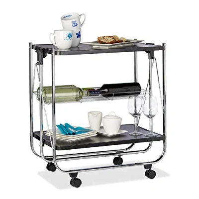 Imagen de Relaxdays Camarera Plegable para Cocina con 4 Ruedas, Cesto de Rejilla y 2 Baldas, Acero, Negro, 68,5 x 68 40,5 cm, 5 cm