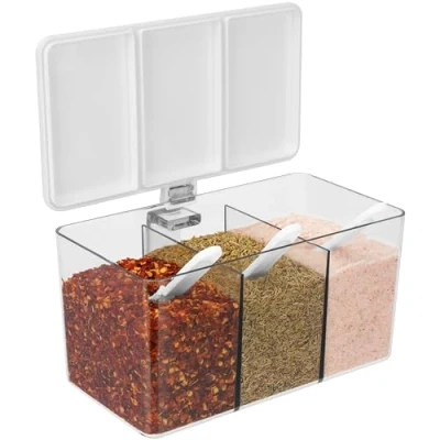 Imagen de BELLE VOUS Contenedor de Especias con Manejar y Tapa 500 ml Organizador Plastico 3 Tarros Separados Cucharas para Chuches Fruta Dispensador Condimentos Barra Bar Cocinar