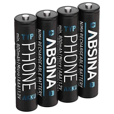 Imagen de ABSINA 4X Pilas Recargables AAA 800mAh para telefonos inalambricos NiMH con 1,2V Baterías AAA, Pila Recargable, pequeñas Recargables, bateria