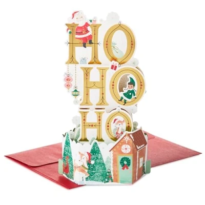 Imagen de Hallmark tarjeta de Navidad, diseño país las maravillas invierno, 3D y desplegable, Papá Noel, elfos, verde, rojo, dorado