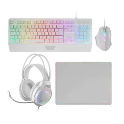 Imagen de Mars Gaming MCP124PRO, Combo 4en1, Teclado RGB H Mech con Reposamuñecas, Ratón 3200DPI y Switches HUANO, Auriculares FRGB, Alfombrilla Nanotextil 36x26cm, Multiplataforma, Español, Blanco