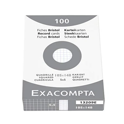 Imagen de Exacompta 13209E Caja de 100 tarjetas bristol rejilla 5x5 sin perforar formato 105 x 148 mm compatible con impresoras inkjet, láser y fotocopiadoras color blanco