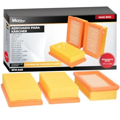 Imagen de McFiltro 3 filtros adecuados para Karcher WD4, WD5, WD6, MV4, MV5, MV6, 2.863 005.0 KFI4410 Filtro plisado plano aspiradoras en seco y húmedo WD/MV 4 5 6 KWD KNT