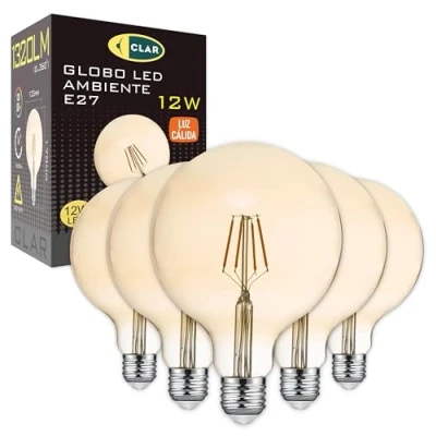 Imagen de CLAR Bombilla Globo E27 LED, Vintage LED G125 Filamento, Ambar 12W Luz Cálida 2500ºK (Pack 5)