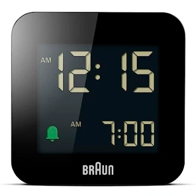 Imagen de Braun Digital Travel Alarm Clock with Snooze, Compact Size, Negative LCD Display, Quick Set, Crescendo Beep in Black, Model BC08B.