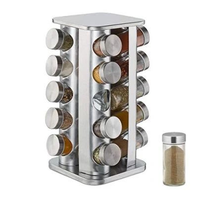 Imagen de Relaxdays Especiero Giratorio 360º, Estante Organizador Especias Cuadrado de Acero, 20 Botes Cristal, 34x19 cm, Plateado